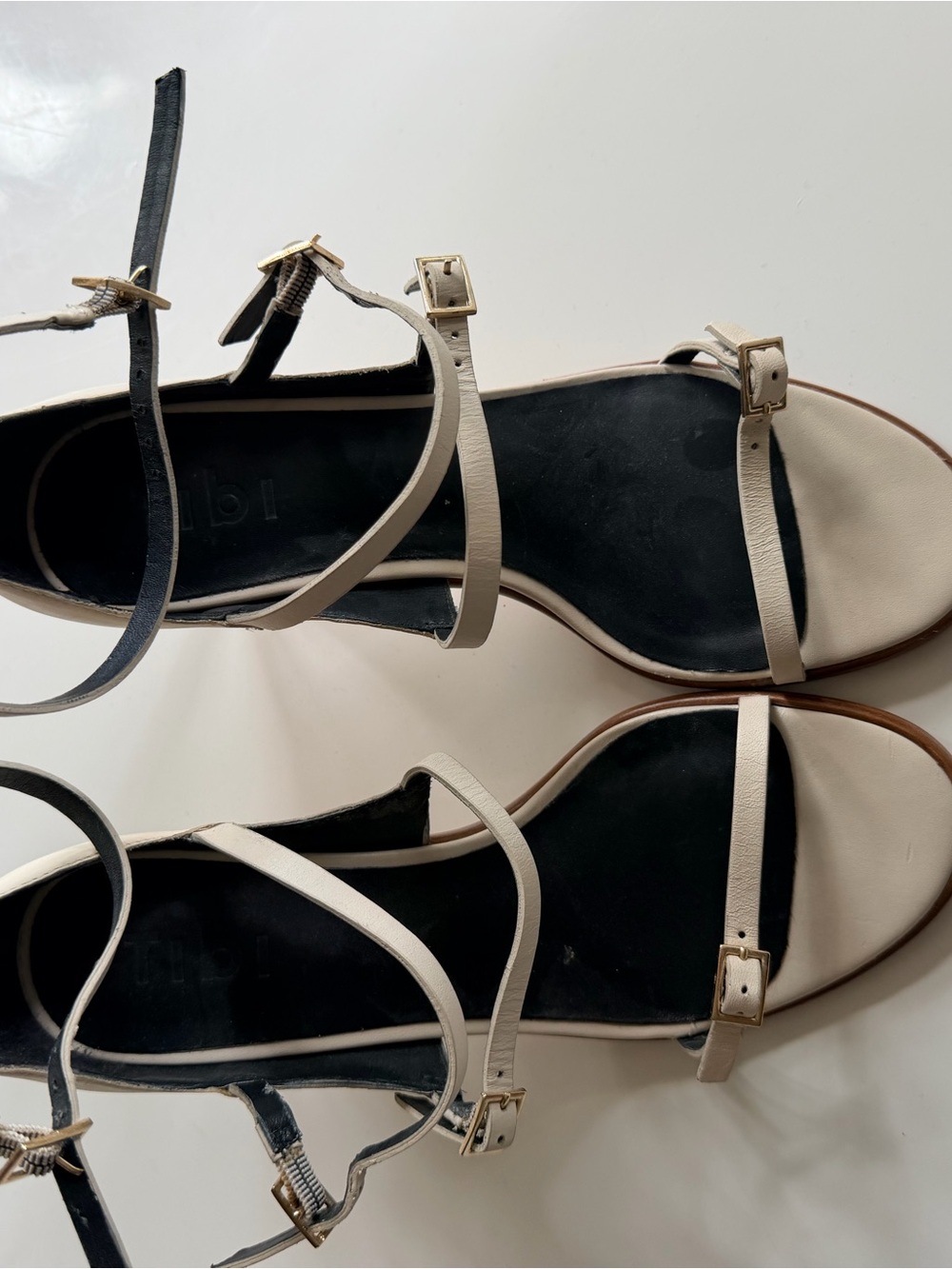 Tibi Beige Strappy Ankle Strap Heels Gold Buckle Leather Sandals Size 7.5